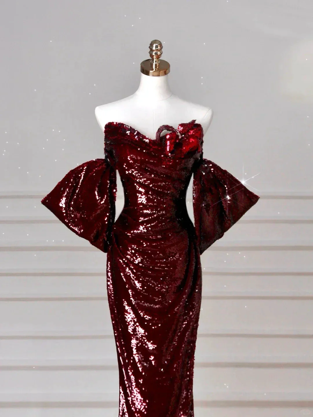 Charming Burgundy Off The Shoulder Sequins Mermaid Prom Dress Evening Dress Y8639 - Image 2