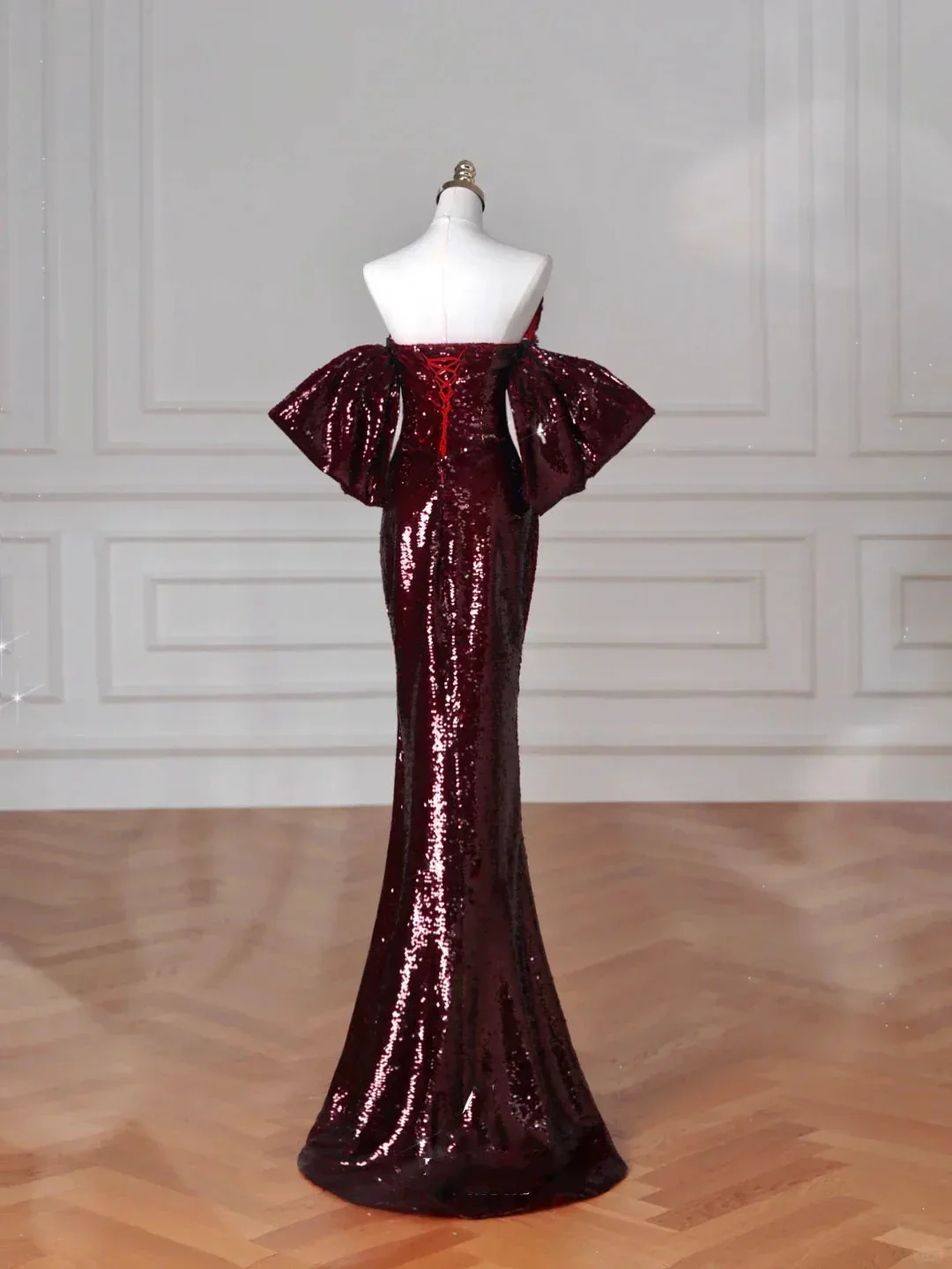 Charming Burgundy Off The Shoulder Sequins Mermaid Prom Dress Evening Dress Y8639 - Image 4