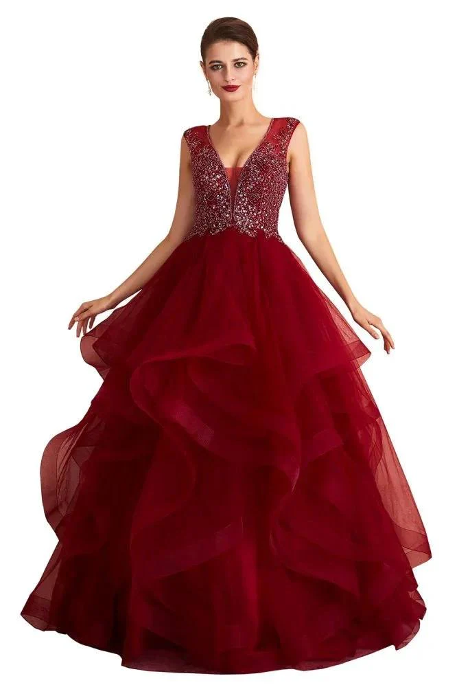 Charming Burgundy Sleeveless Party Dress Aline Puffy Tulle Evenign Dress with Sequins - Image 2