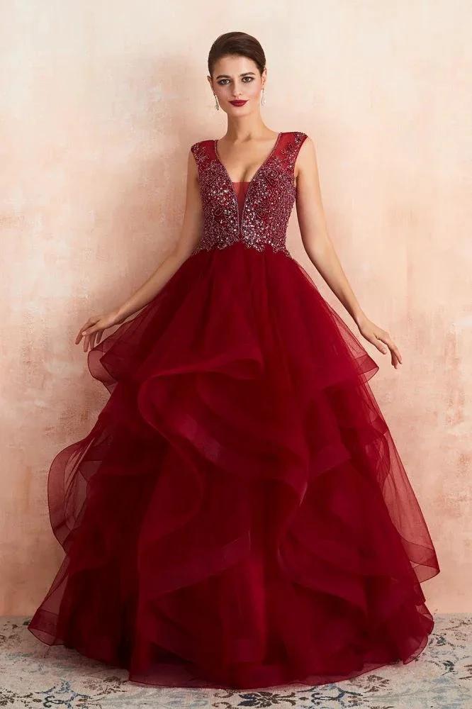 Charming Burgundy Sleeveless Party Dress Aline Puffy Tulle Evenign Dress with Sequins - Image 3