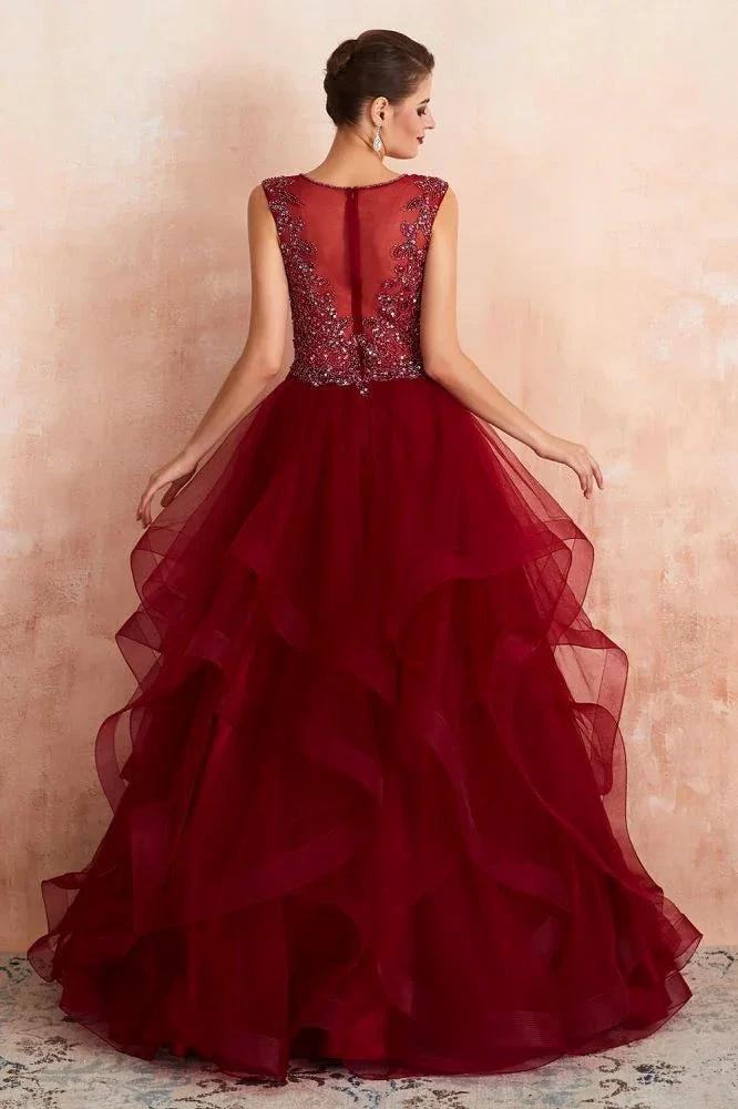 Charming Burgundy Sleeveless Party Dress Aline Puffy Tulle Evenign Dress with Sequins - Image 4