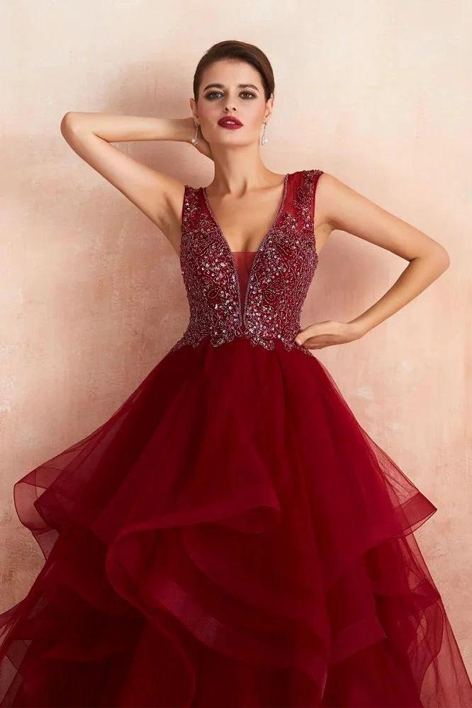 Charming Burgundy Sleeveless Party Dress Aline Puffy Tulle Evenign Dress with Sequins - Image 8