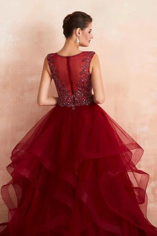 Charming Burgundy Sleeveless Party Dress Aline Puffy Tulle Evenign Dress with Sequins - Image 9