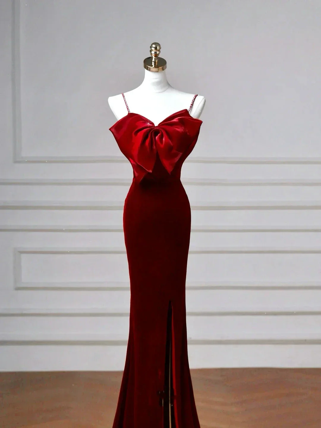 Charming Burgundy Velvet Slit Mermaid Evening Dress Long Prom Dress Y8603 - Image 3