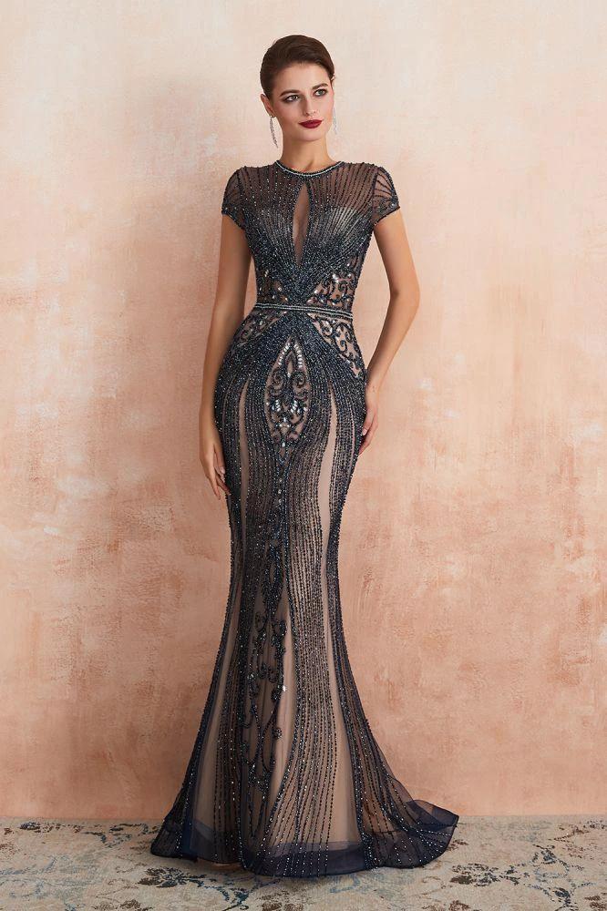 Charming Cap Sleeve Beading Mermaid Prom Dress Crew Neck Evening Party Gown - Image 12