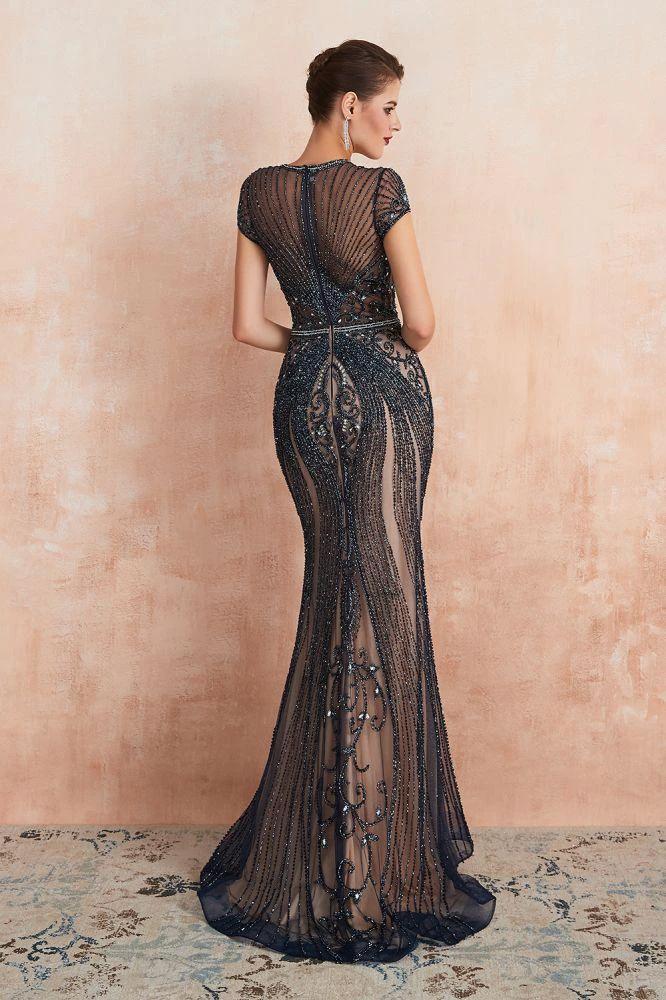 Charming Cap Sleeve Beading Mermaid Prom Dress Crew Neck Evening Party Gown - Image 16
