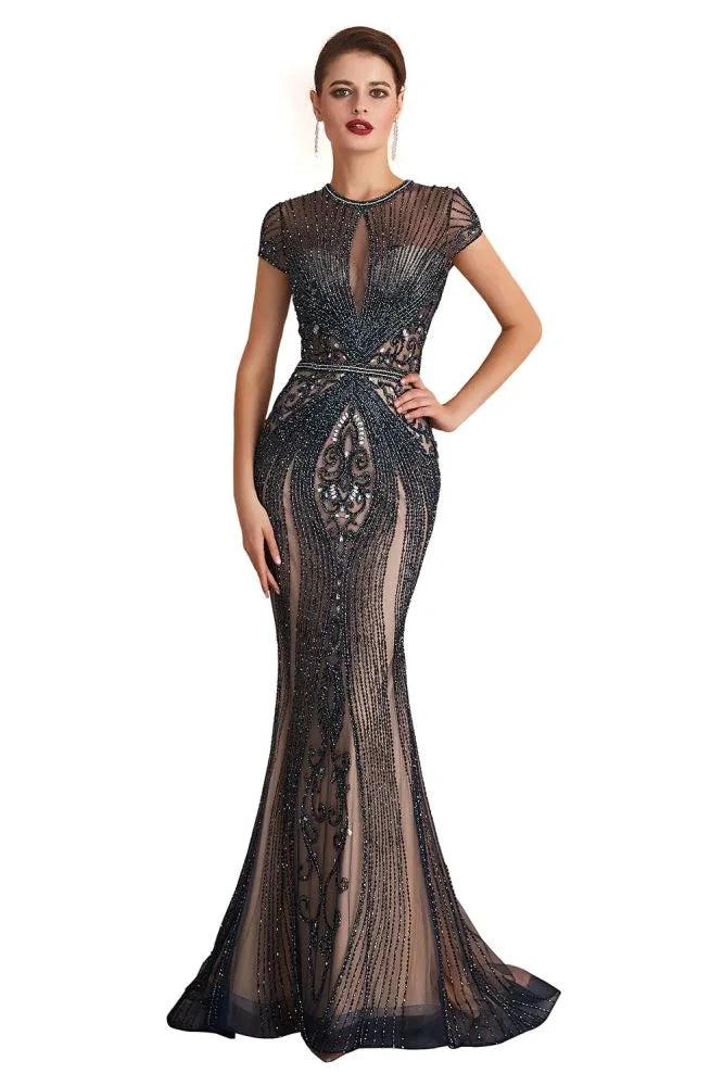 Charming Cap Sleeve Beading Mermaid Prom Dress Crew Neck Evening Party Gown - Image 3
