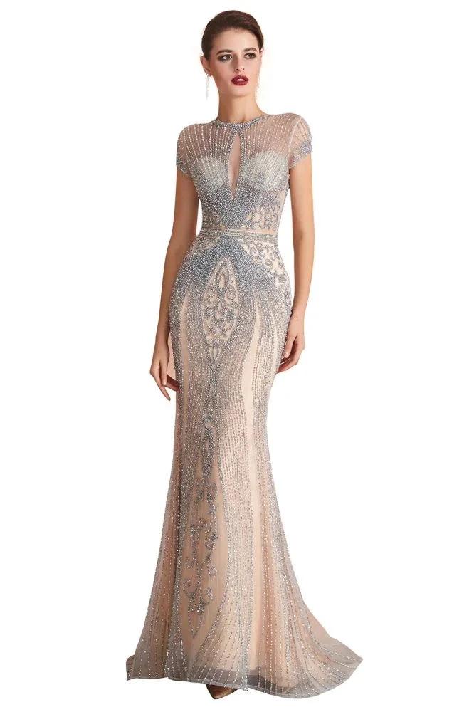 Charming Cap Sleeve Beading Mermaid Prom Dress Crew Neck Evening Party Gown - Image 4