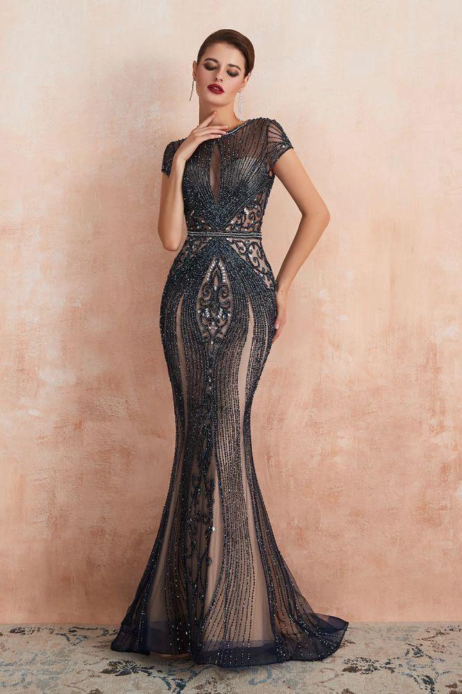 Charming Cap Sleeve Beading Mermaid Prom Dress Crew Neck Evening Party Gown - Image 9