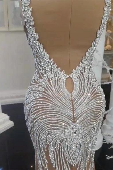 Gorgeous Crystals Mermaid Wedding Dress V-Neck Backless Champagne Bridal Wears - Image 2