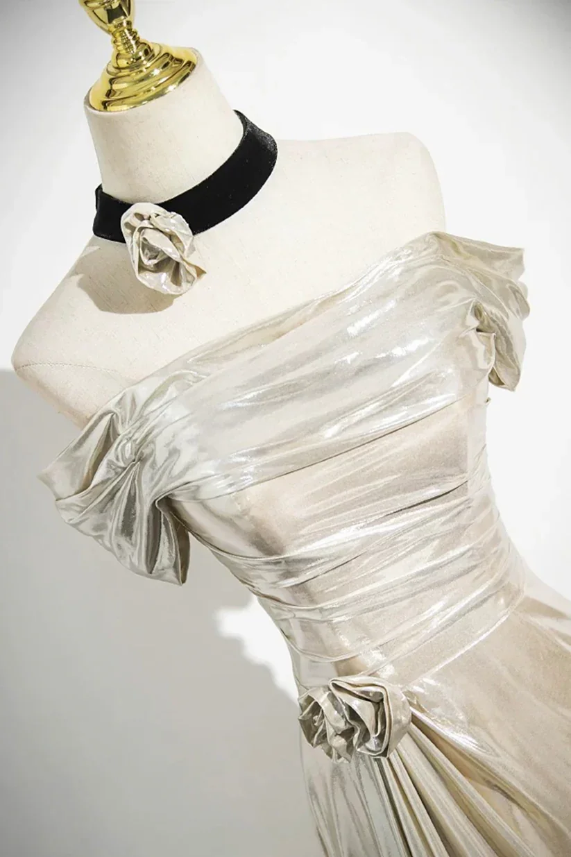 Charming Champagne Off The Shoulder Satin Prom Dress Mermaid Evening Gown Y8202 - Image 2