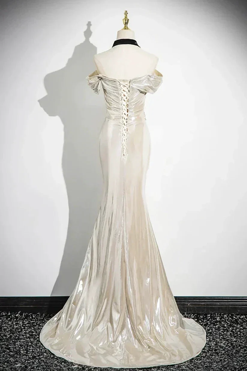 Charming Champagne Off The Shoulder Satin Prom Dress Mermaid Evening Gown Y8202 - Image 3