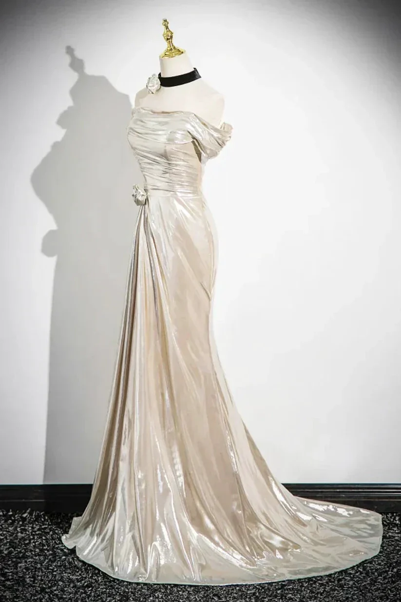 Charming Champagne Off The Shoulder Satin Prom Dress Mermaid Evening Gown Y8202 - Image 4