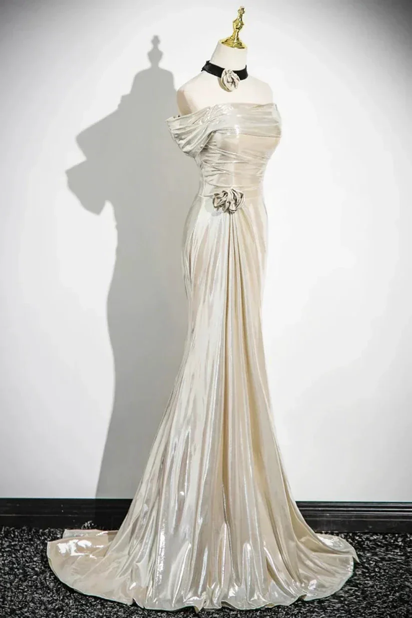 Charming Champagne Off The Shoulder Satin Prom Dress Mermaid Evening Gown Y8202 - Image 5