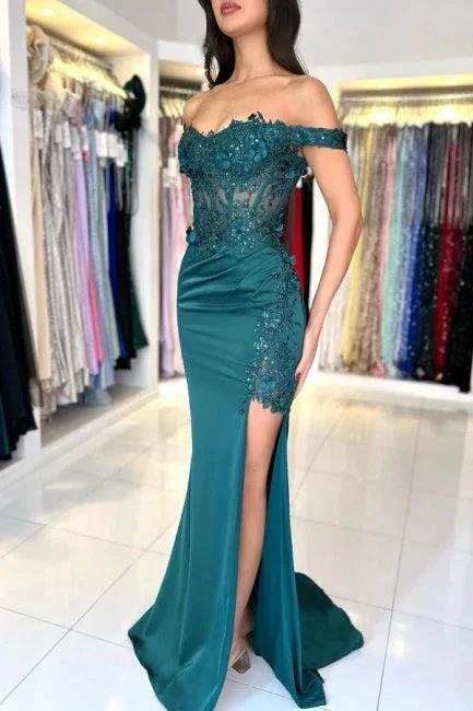 Charming Column Lace Off-The-Shoulder Sleeveless Prom Dress With Appliques Ruffles Split - Image 3
