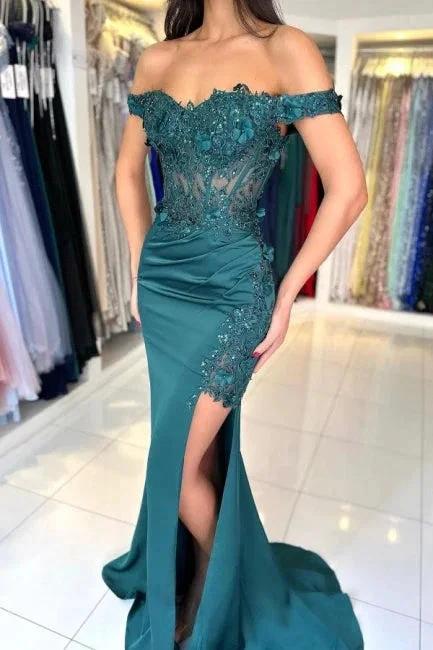 Charming Column Lace Off-The-Shoulder Sleeveless Prom Dress With Appliques Ruffles Split - Image 4