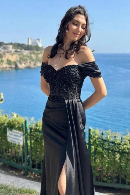 Charming Column Satin Lace Off-The-Shoulder Sleeveless Black Prom Dress With Split Front - Image 2
