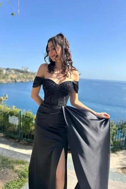 Charming Column Satin Lace Off-The-Shoulder Sleeveless Black Prom Dress With Split Front - Image 3