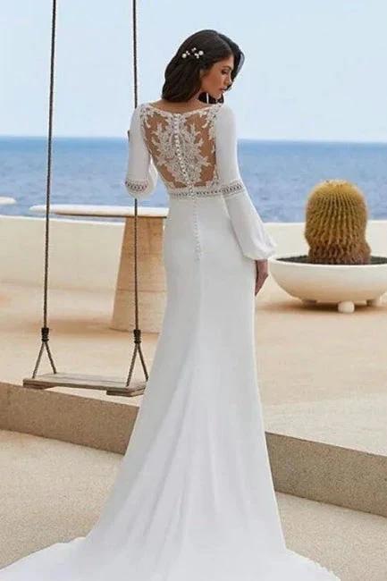 Charming Column Satin Long Sleeve White Wedding Dresses With Appliques - Image 2