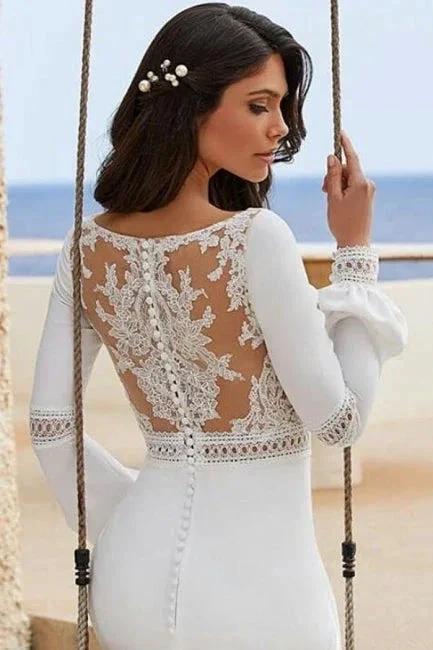 Charming Column Satin Long Sleeve White Wedding Dresses With Appliques - Image 3