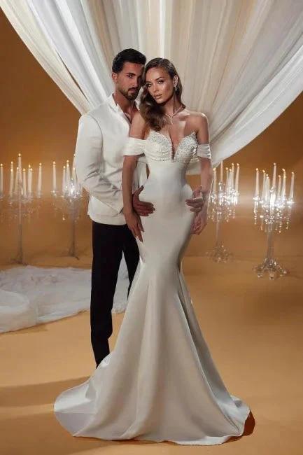 Charming Column Satin Off-The-Shoulder Sleeveless Ivory Wedding Dresses With Beading - Image 2