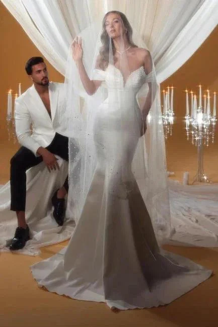 Charming Column Satin Off-The-Shoulder Sleeveless Ivory Wedding Dresses With Beading - Image 3