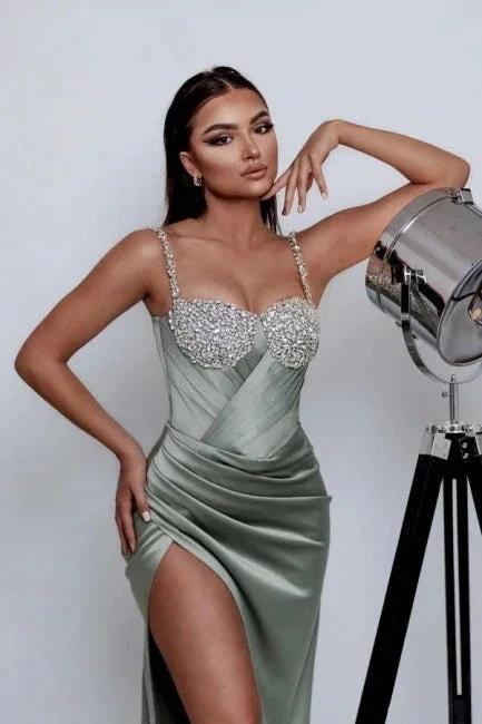 Charming Column Satin One Shoulder Sleeveless Green Prom Dress With Split Front - Image 2