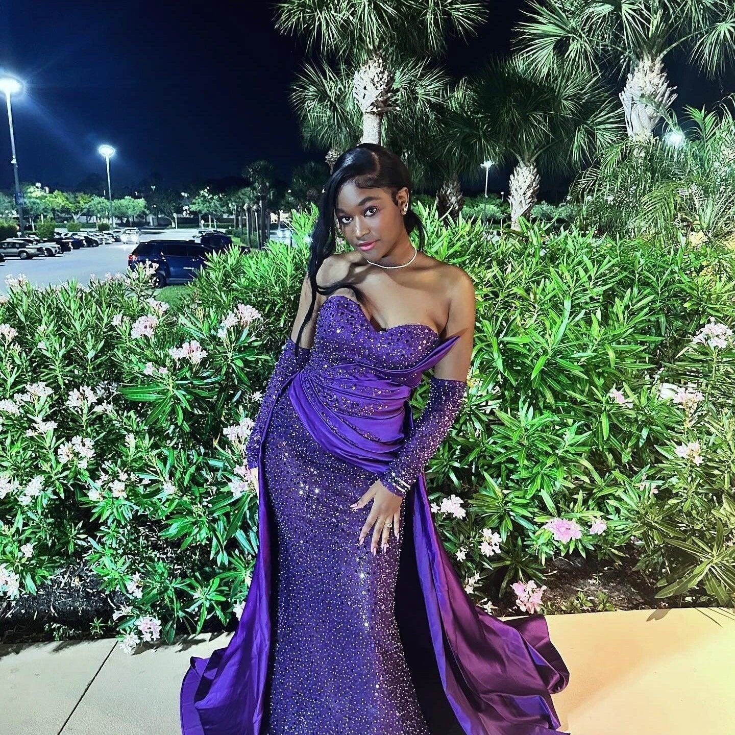 Charming Column Satin Sweetheart Sleeveless Purple Prom Dress With Sequined Train - Image 2
