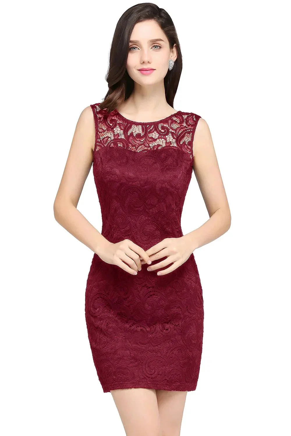 Charming Column Scoop Sleeveless Lace Short Bridesmaid Dresses - Image 4