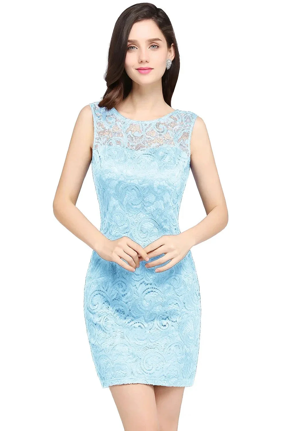 Charming Column Scoop Sleeveless Lace Short Bridesmaid Dresses - Image 5