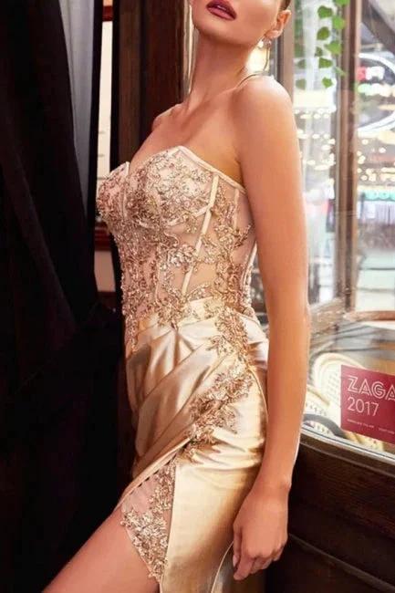 Charming Column Sleeveless Chain Sweetheart Floor-Length Appliques Split Front Prom Dresses with Lace - Image 4