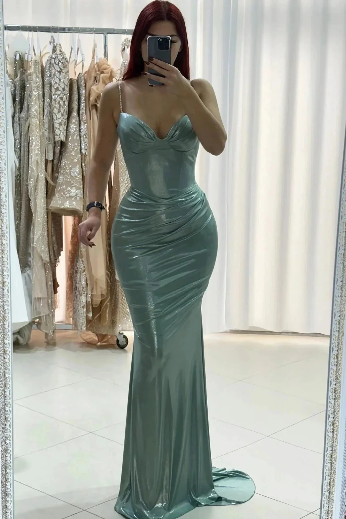 Charming Column Spaghetti Straps Half Sleeve Ruffles Satin Prom Dresses - Image 2