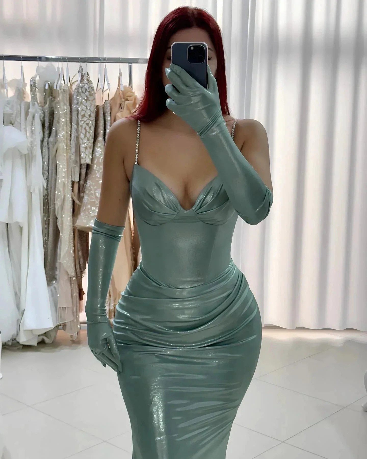 Charming Column Spaghetti Straps Half Sleeve Ruffles Satin Prom Dresses - Image 3