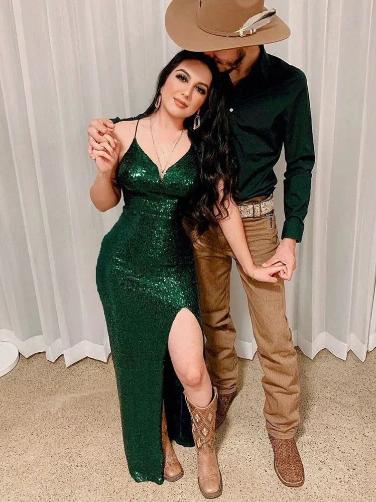 Charming Emerald Green Sequins Evening Dress with Split  Y2935 - Image 2