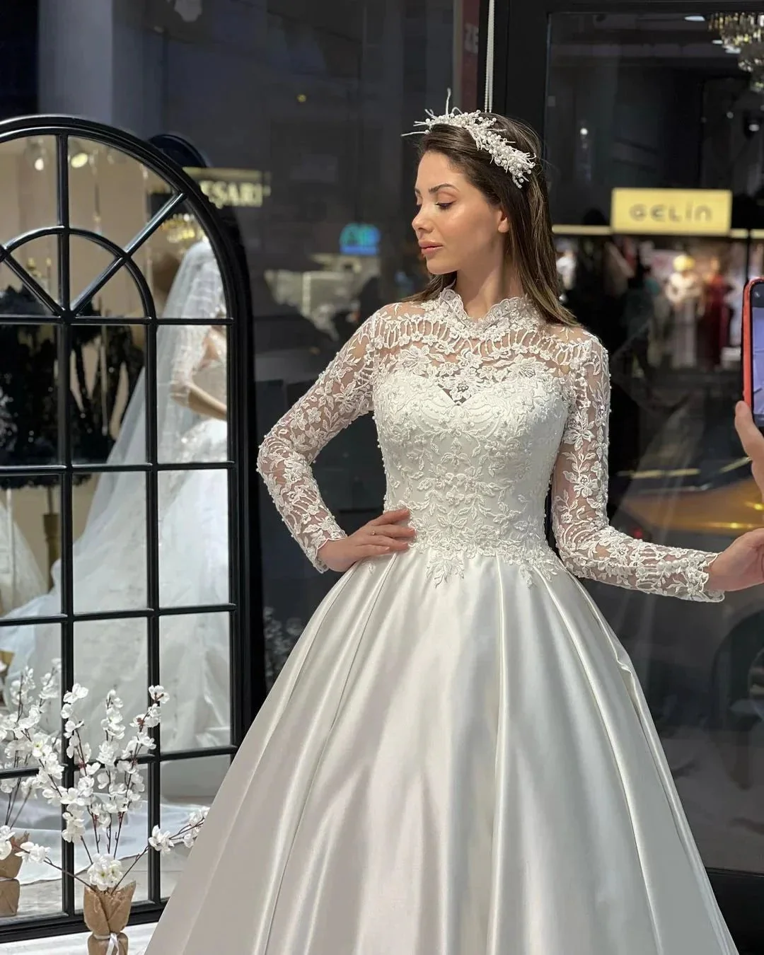 Charming Floor Length Crew Long Sleeves A-Line Satin Wedding Dress with Ruffles - Image 2