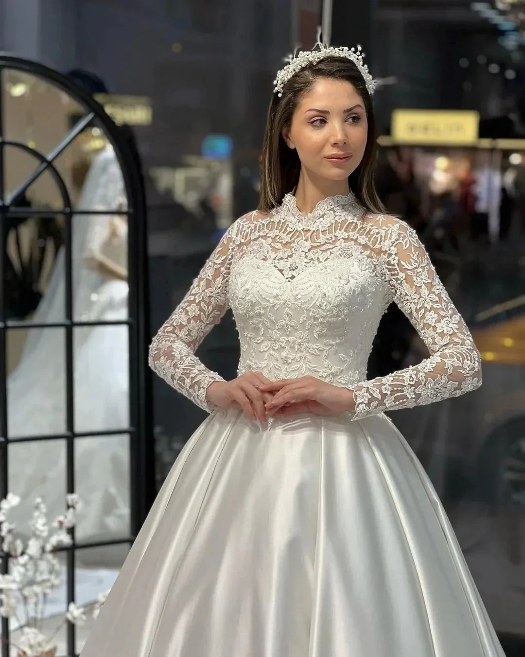 Charming Floor Length Crew Long Sleeves A-Line Satin Wedding Dress with Ruffles - Image 3