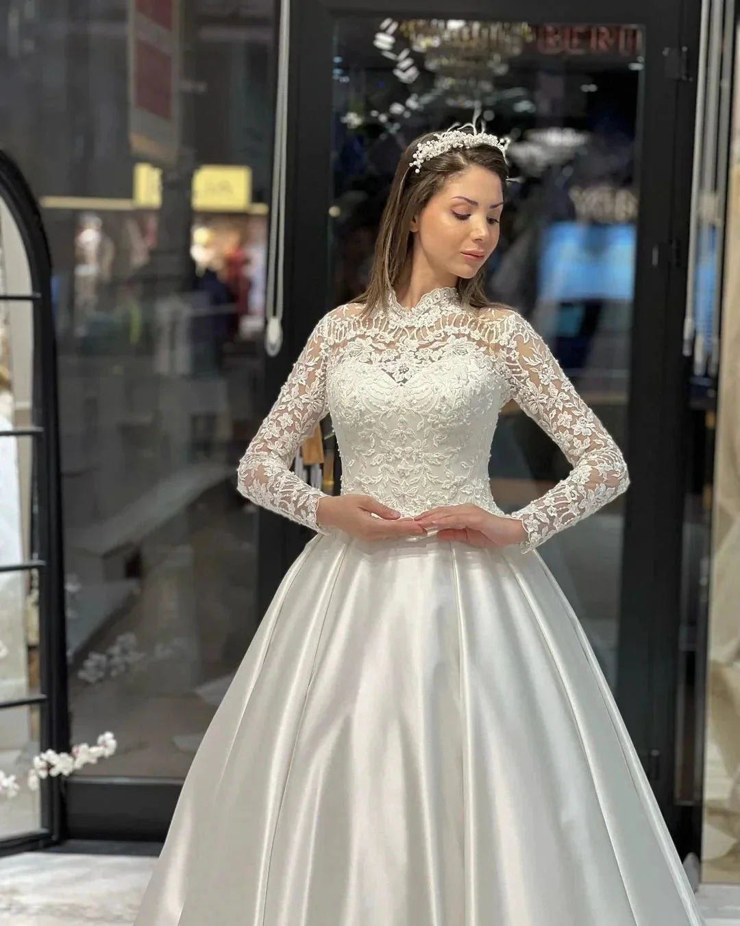Charming Floor Length Crew Long Sleeves A-Line Satin Wedding Dress with Ruffles - Image 4