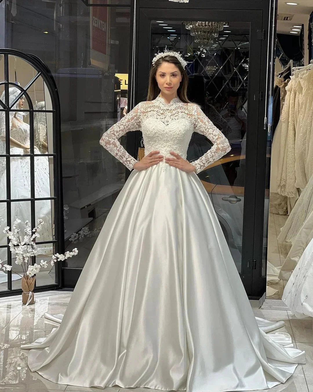 Charming Floor Length Crew Long Sleeves A-Line Satin Wedding Dress with Ruffles - Image 5