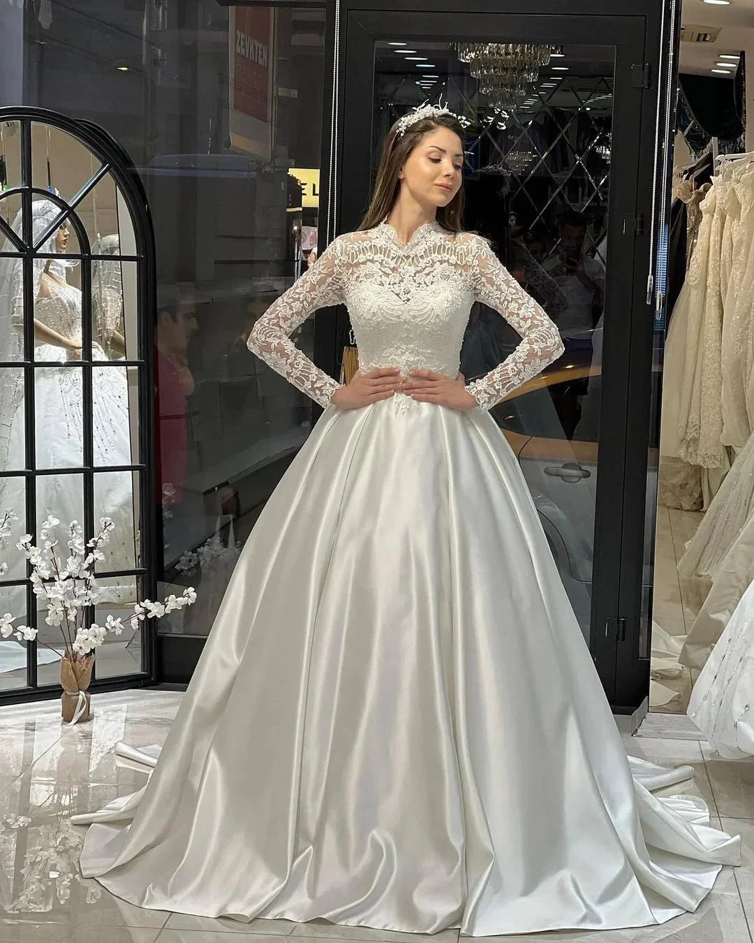 Charming Floor Length Crew Long Sleeves A-Line Satin Wedding Dress with Ruffles - Image 6
