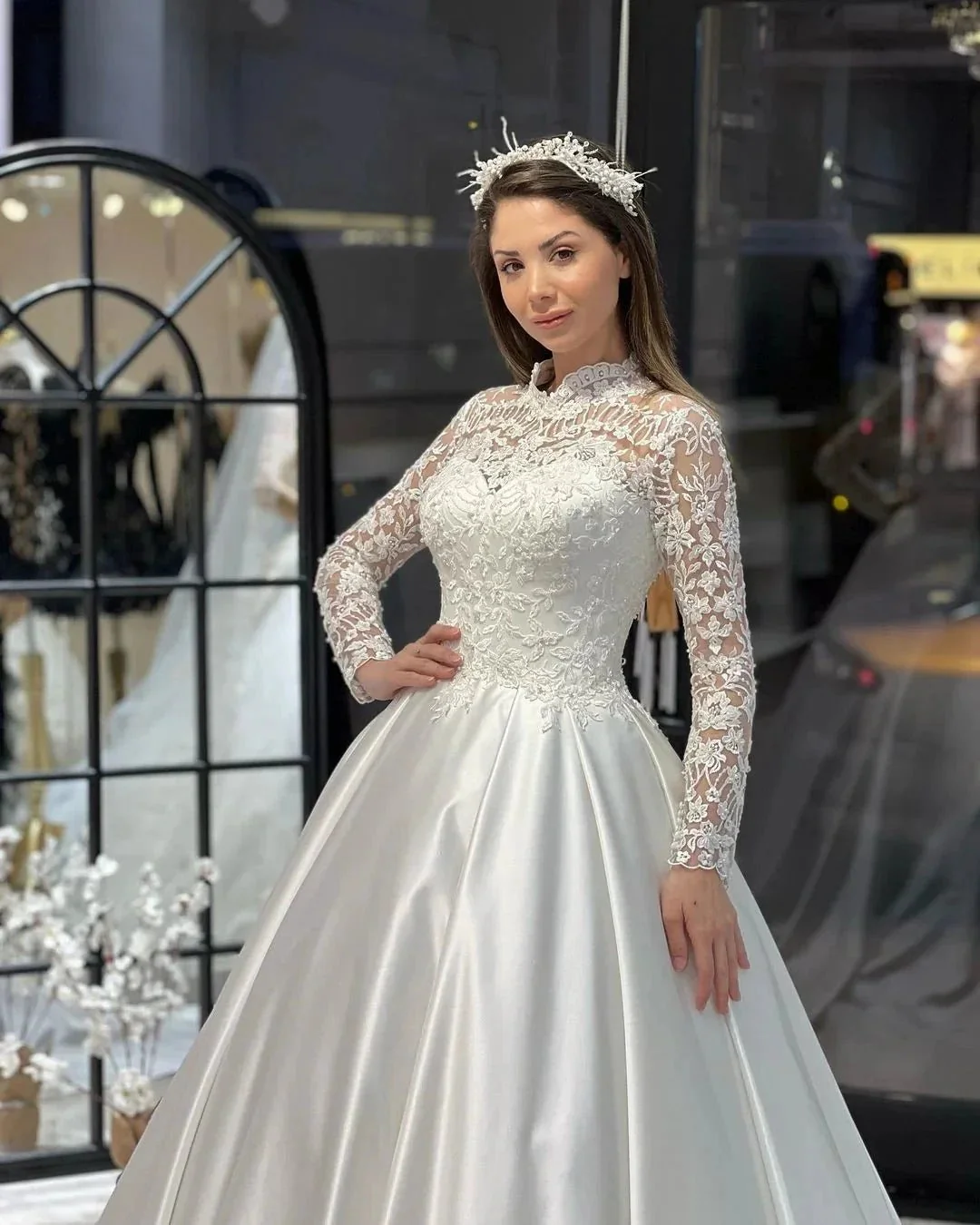 Charming Floor Length Crew Long Sleeves A-Line Satin Wedding Dress with Ruffles - Image 7