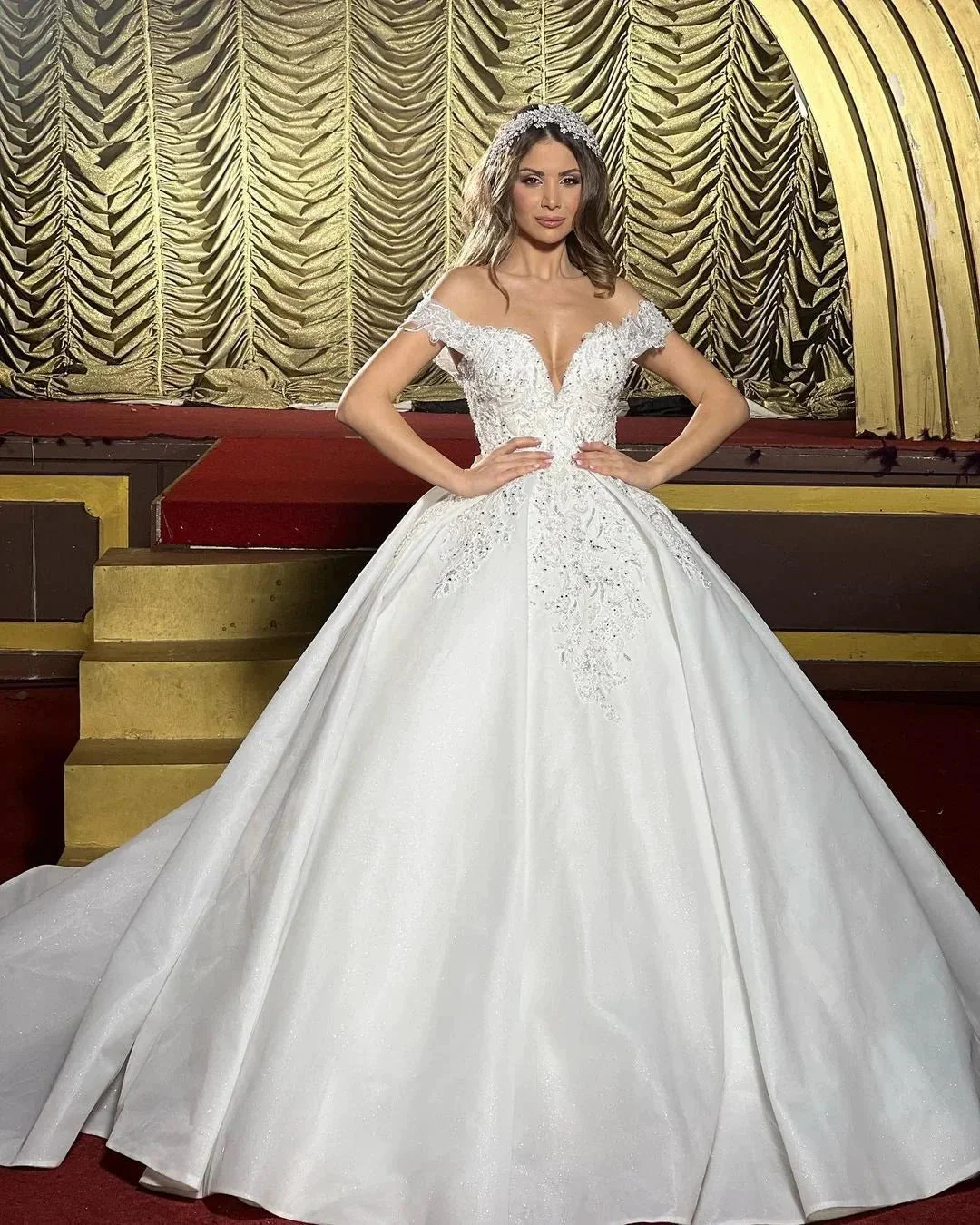 Charming Floor Length Off-The-Shoulder A Line Satin Wedding Dress with Ruffles - Image 3