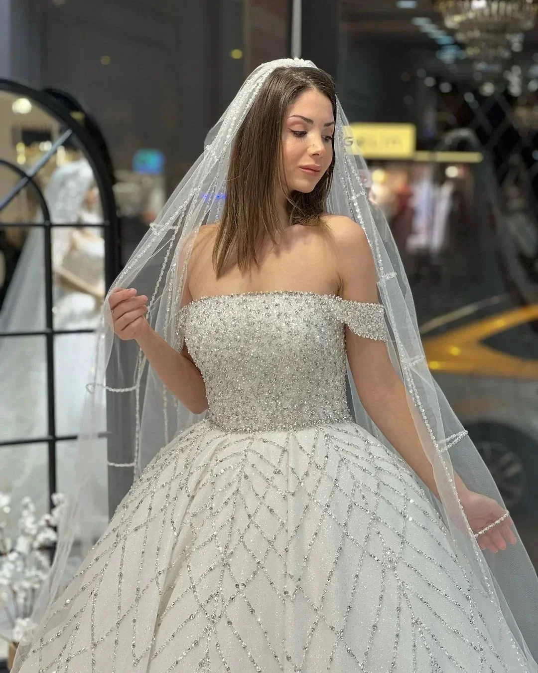 Charming Floor Length Off-The-Shoulder A-Line Sequined Wedding Dress with Court Train - Image 2
