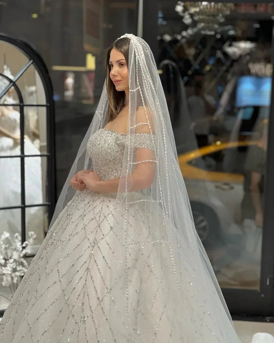 Charming Floor Length Off-The-Shoulder A-Line Sequined Wedding Dress with Court Train - Image 3