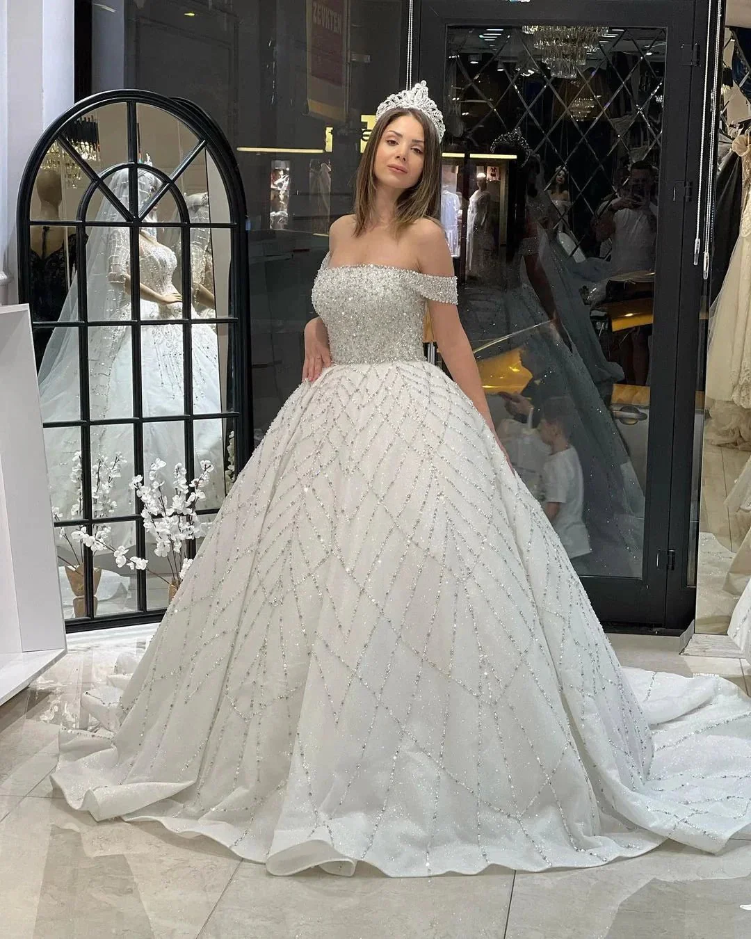 Charming Floor Length Off-The-Shoulder A-Line Sequined Wedding Dress with Court Train - Image 4
