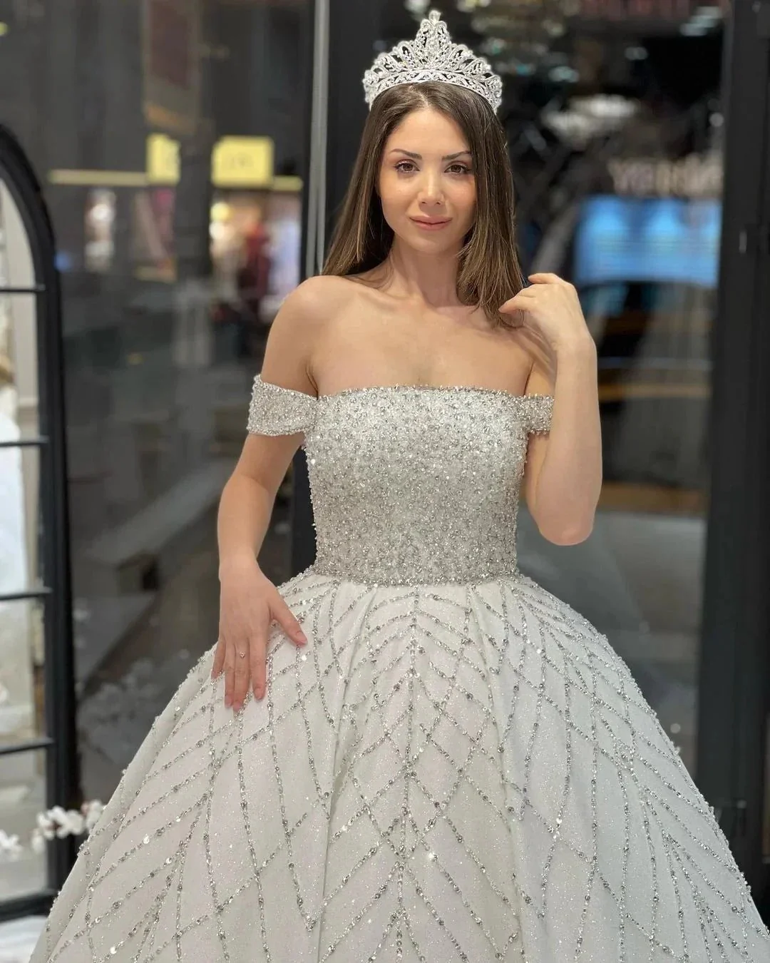 Charming Floor Length Off-The-Shoulder A-Line Sequined Wedding Dress with Court Train - Image 5