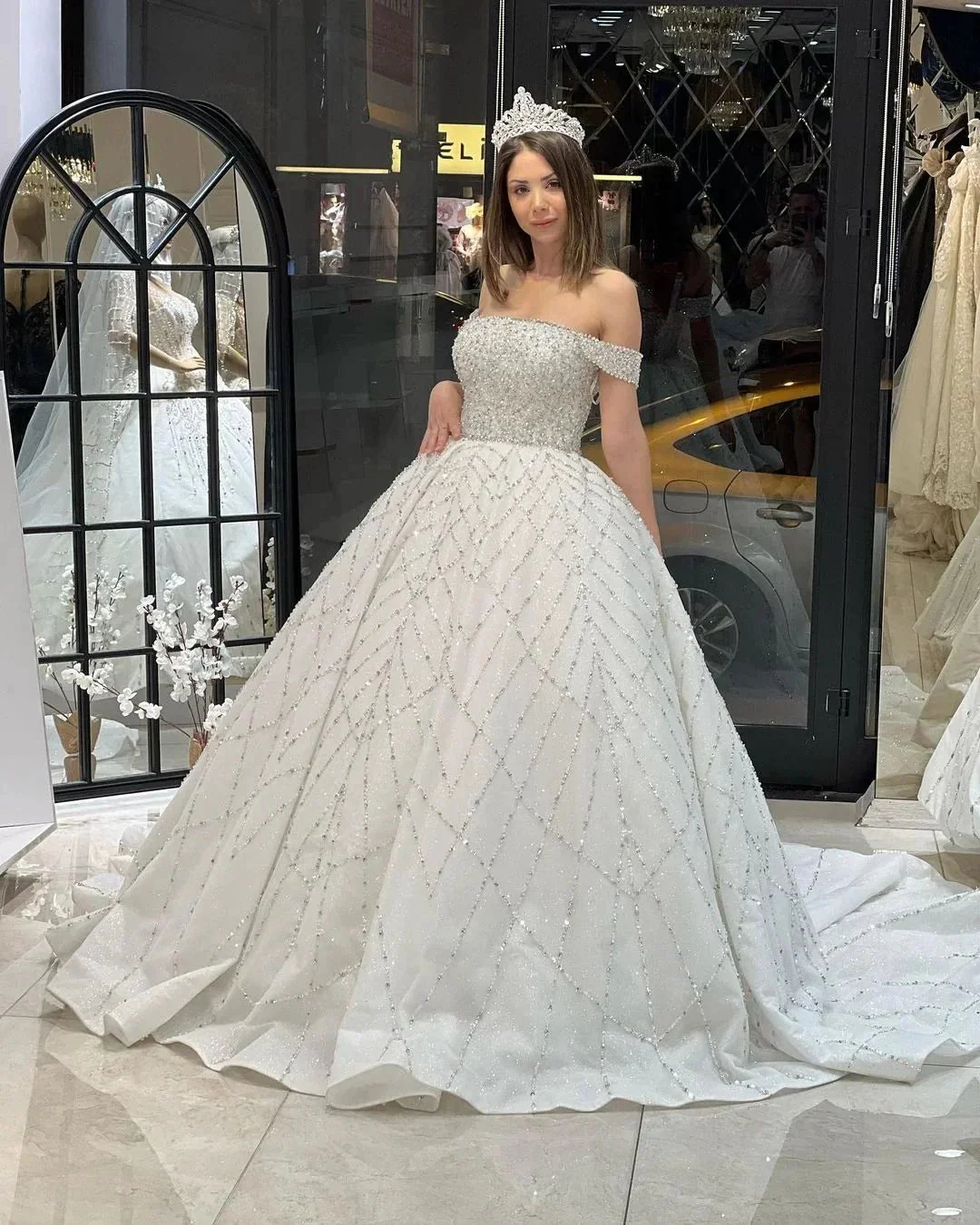 Charming Floor Length Off-The-Shoulder A-Line Sequined Wedding Dress with Court Train - Image 6