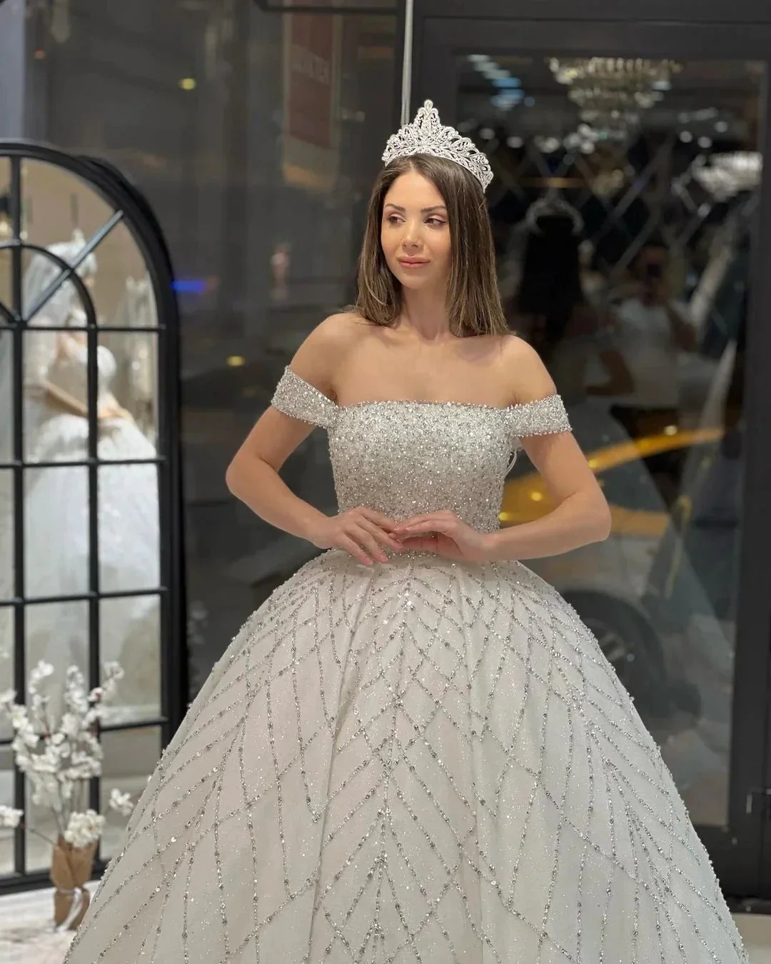 Charming Floor Length Off-The-Shoulder A-Line Sequined Wedding Dress with Court Train - Image 7