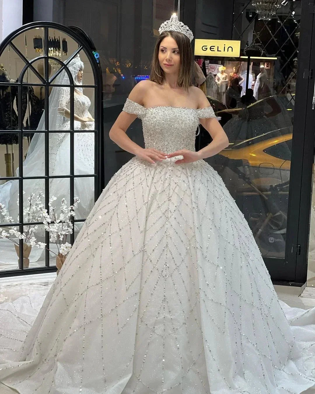 Charming Floor Length Off-The-Shoulder A-Line Sequined Wedding Dress with Court Train - Image 8