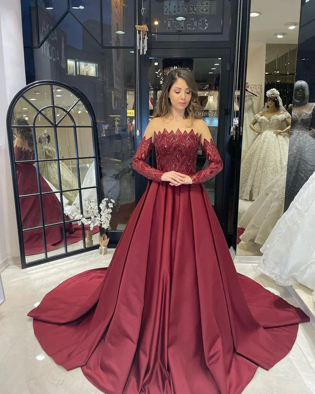 Charming Floor Length Strapless Long Sleeves A-Line Satin Wedding Dress with Ruffles - Image 3