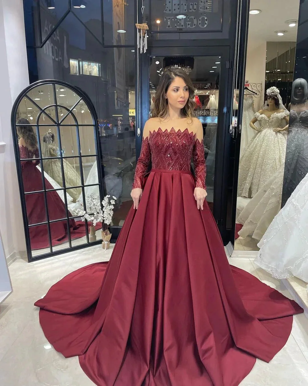 Charming Floor Length Strapless Long Sleeves A-Line Satin Wedding Dress with Ruffles - Image 4